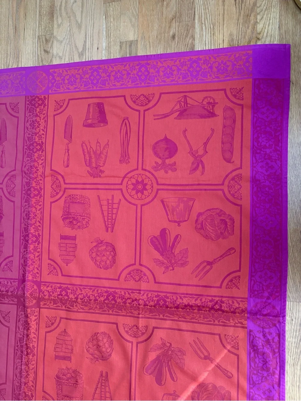 Le Jacquard Francais Primrose Bordier Tablecloth 62 x 58”Magenta Wine Terracotta